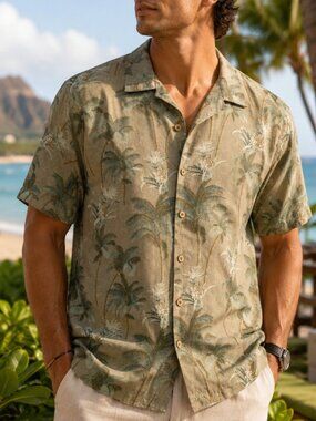 Caribbean Joe Washable Silk Hawaiian Camp Shirt Palm Print XL